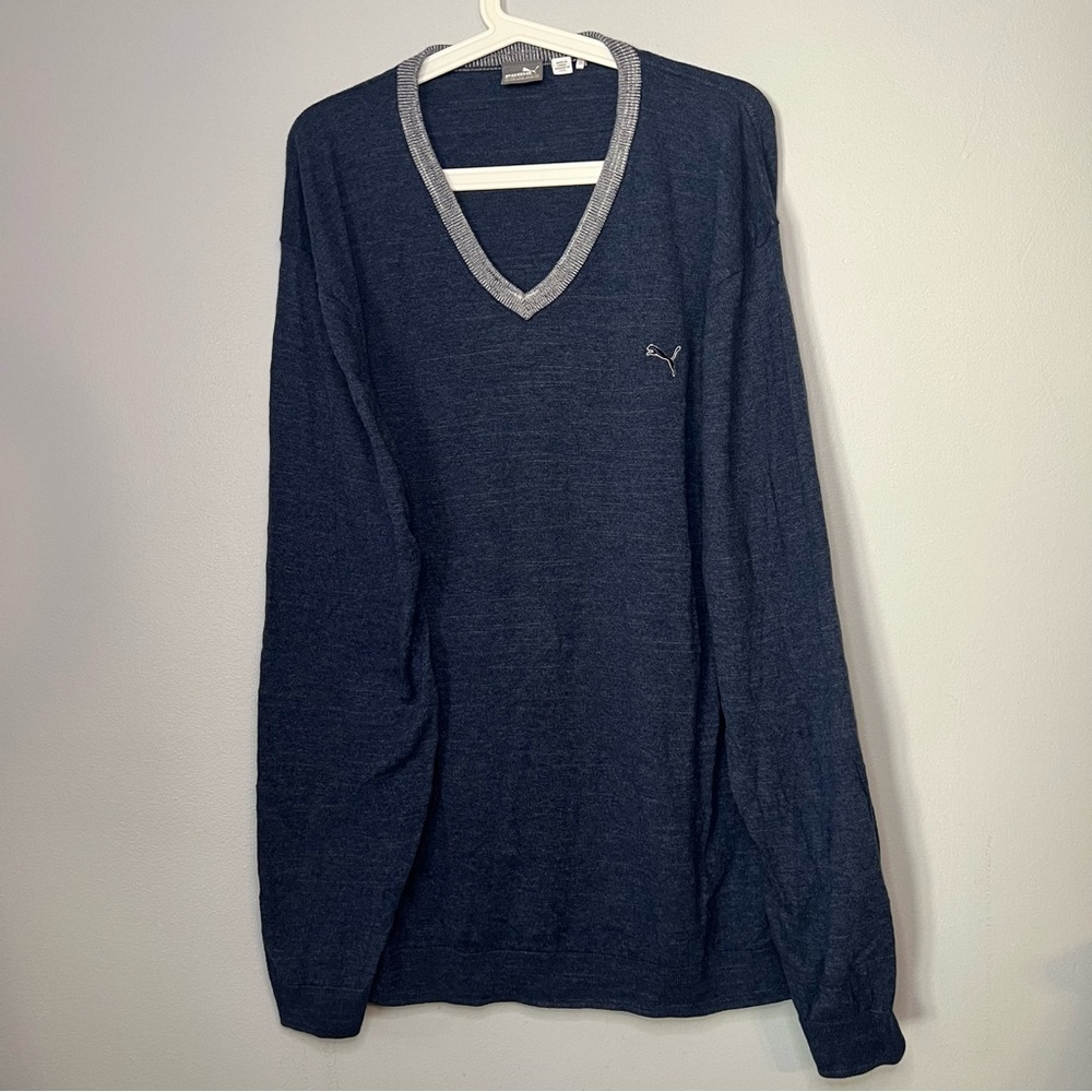 Puma Men's Pullover Sweater V Neck Cotton Wool Navy Gray Sz XXL Preppy Academia